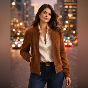 LL Bean Signature 100% Leather Suede Bomber Jacket Cognac Brown Heritage Lux 10